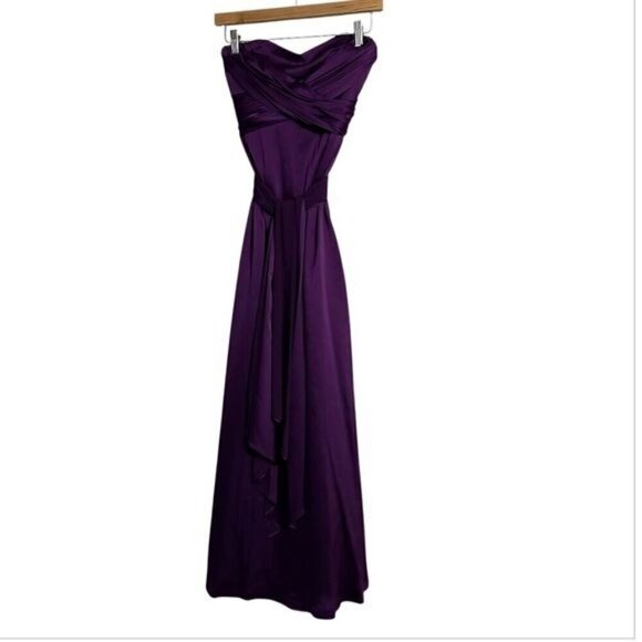 David Meister Purple Satin Strapless Cocktail Midi Dresss Size 4 - Picture 2 of 13